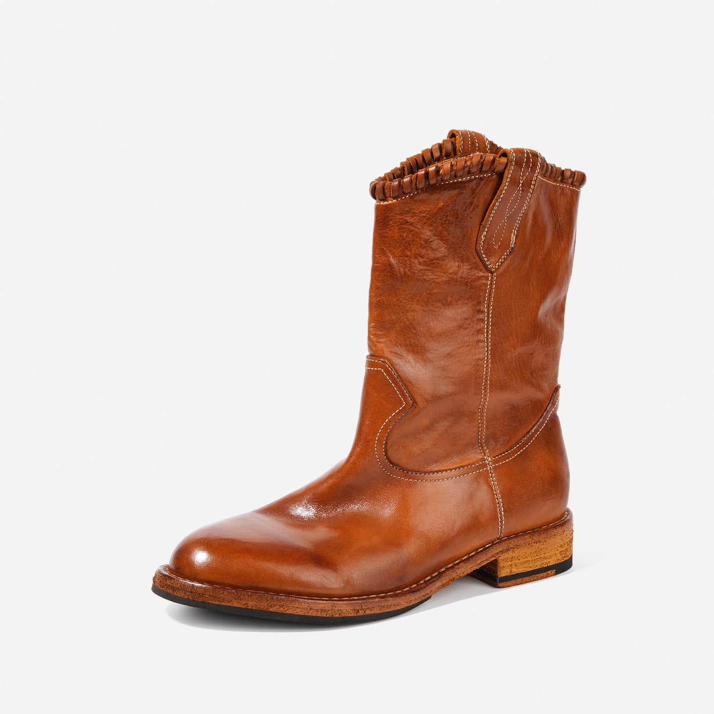 DREAMBOX Women's Washed Horse Leather Western Cowboy Boots – Chunky Heel Mid-Calf Riding Boots WM7325