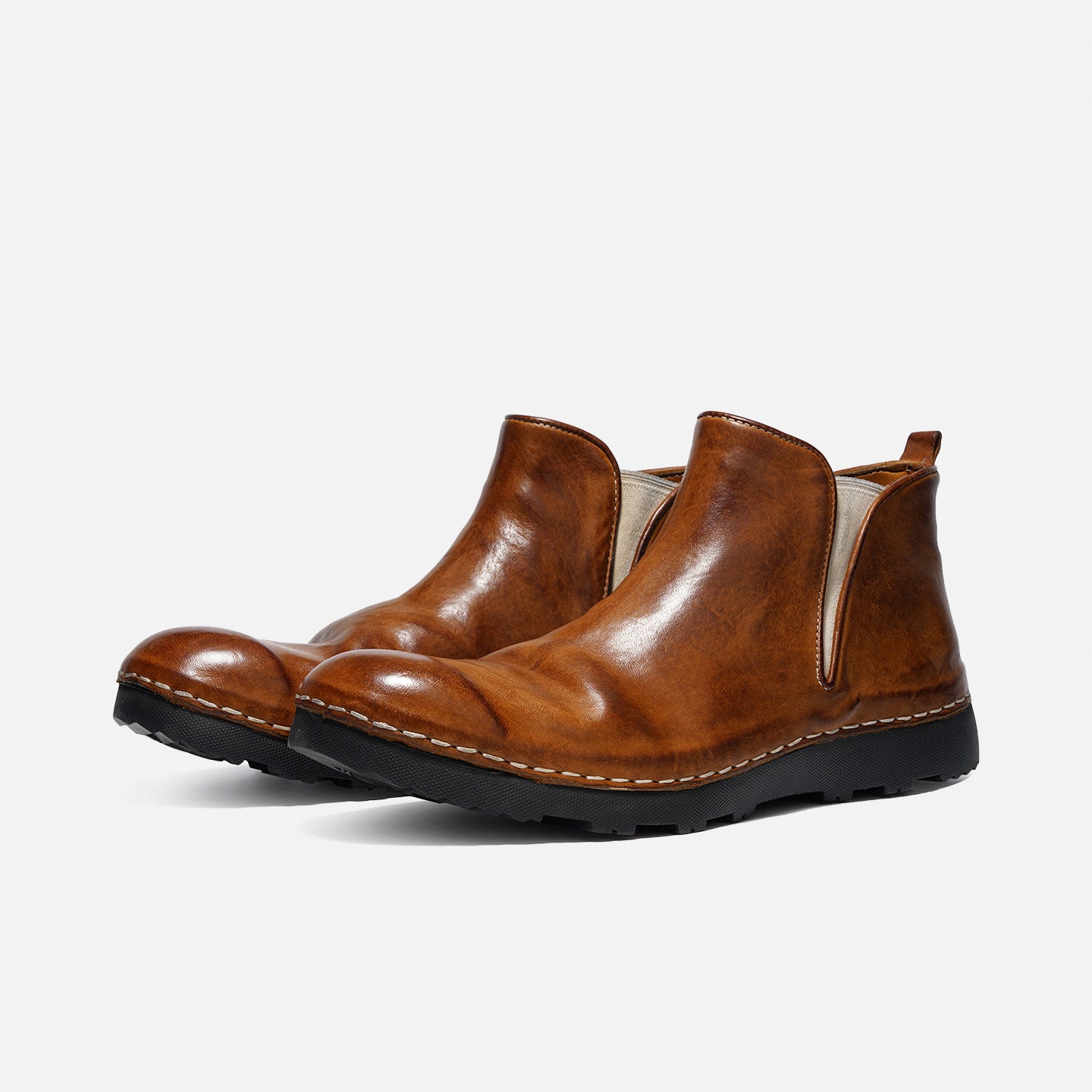 21254-7 HANDMADE THICK-SOLED SHORT BOOTS MADE OF WASHED HORSE LEATHER, VERSATILE CHELSEA BOOTS