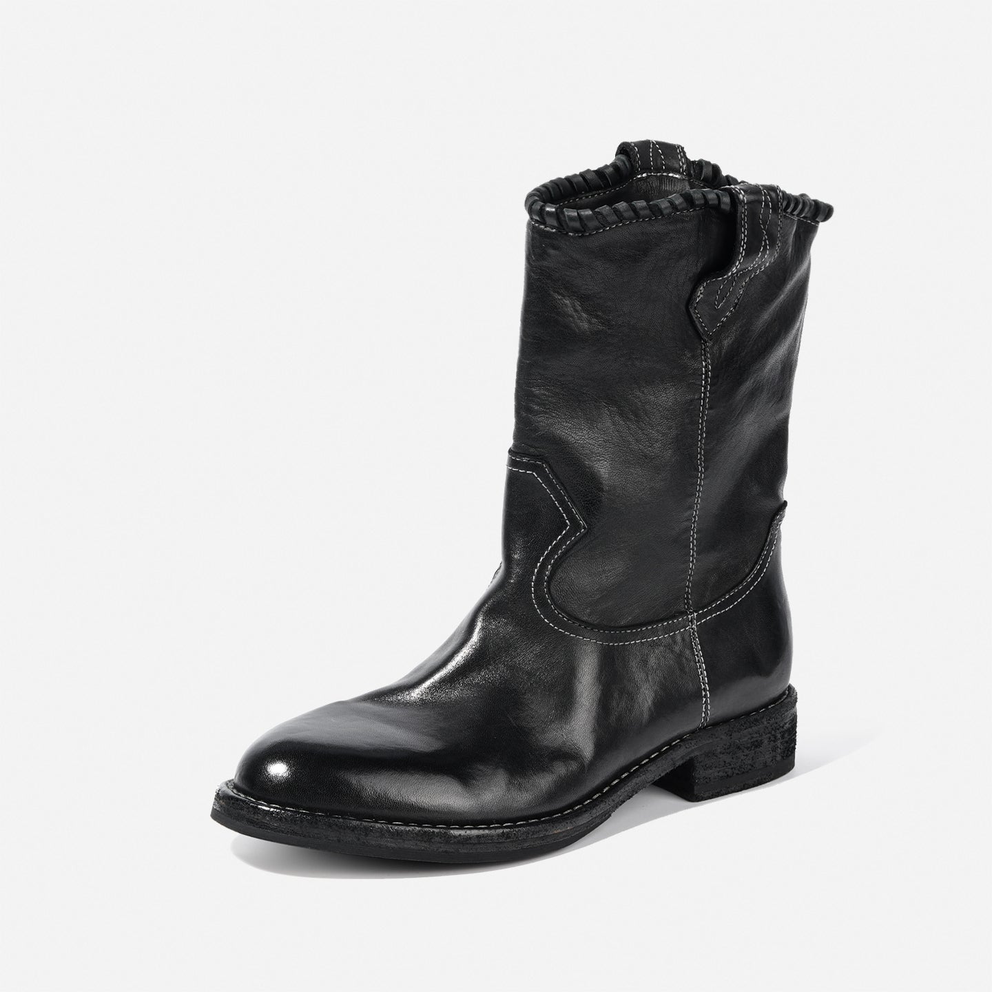 DREAMBOX Women's Washed Horse Leather Western Cowboy Boots – Chunky Heel Mid-Calf Riding Boots WM7325