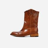 DREAMBOX Women's Washed Horse Leather Western Cowboy Boots – Chunky Heel Mid-Calf Riding Boots WM7325